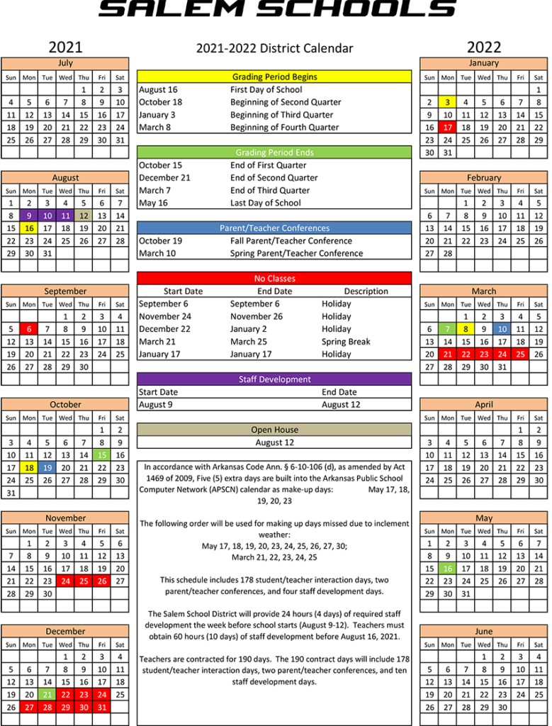 2021 2022 School Calendar Salem School District