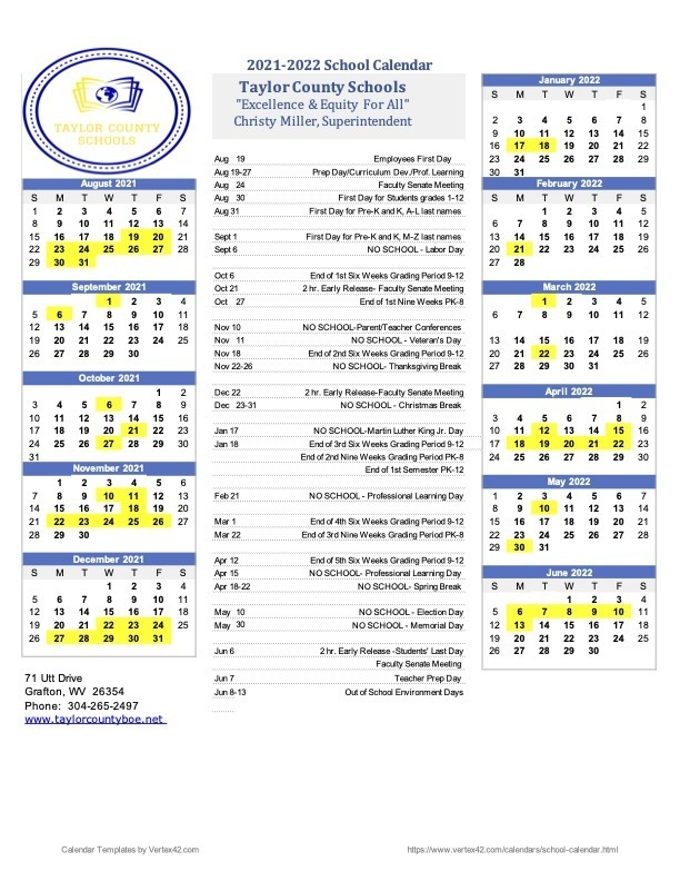 2021 2022 TCS District Calendar Flemington Elementary School