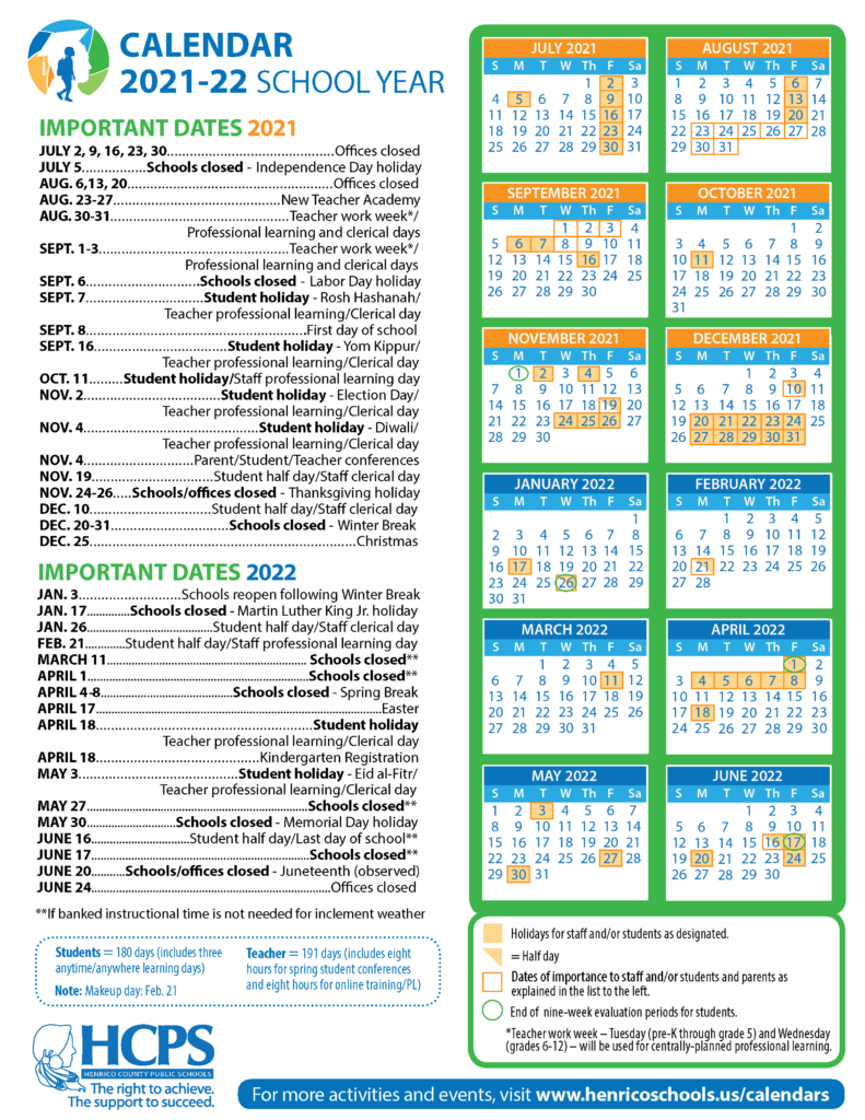 2021 22 Calendar Henrico County Public Schools