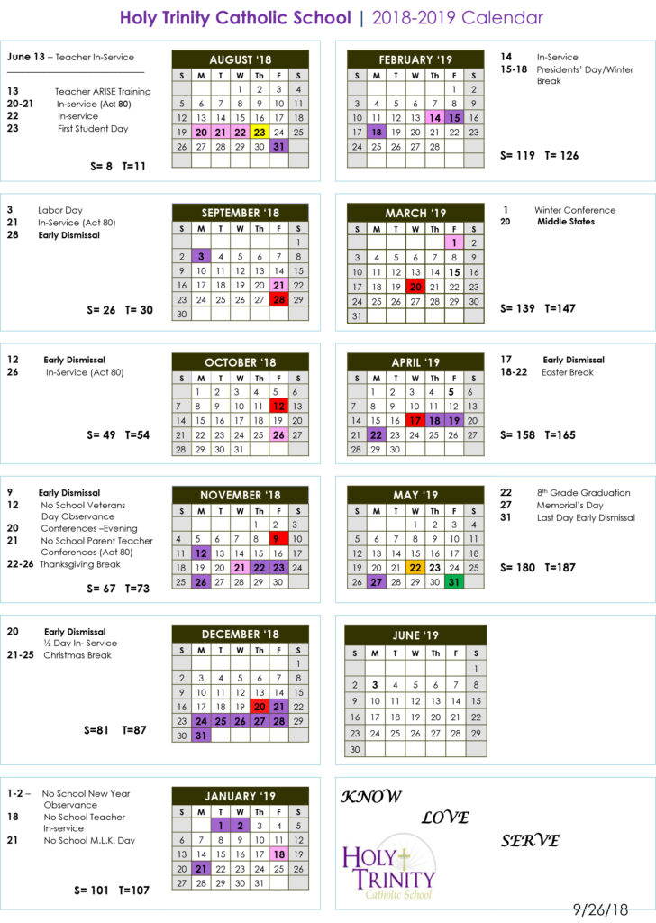 Academic Calendar 2018 19 Holy Trinity Catholic School Altoona PA