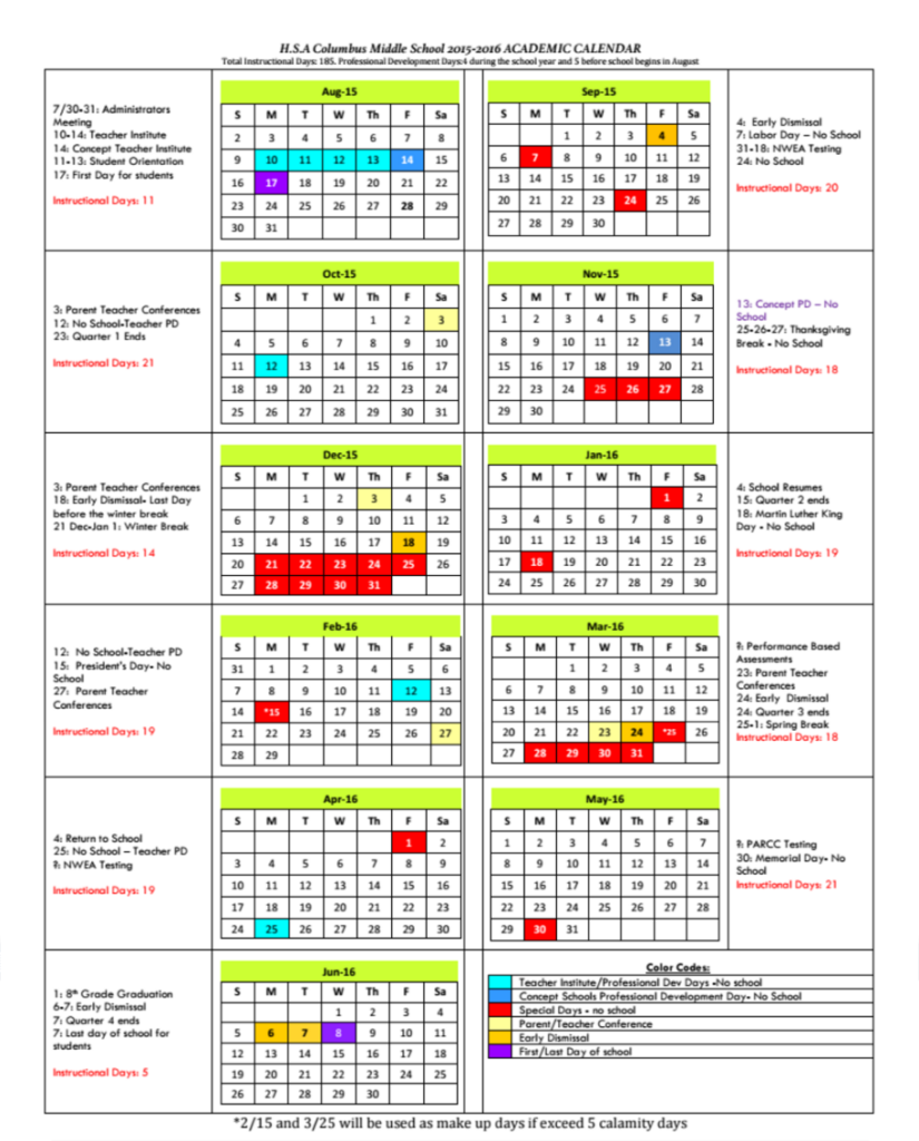 Academic Calendar Horizon Science Academy Columbus Middle School By 