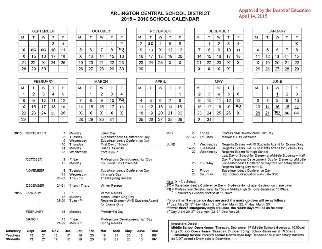 Arlington Central School District Calendars Poughkeepsie NY