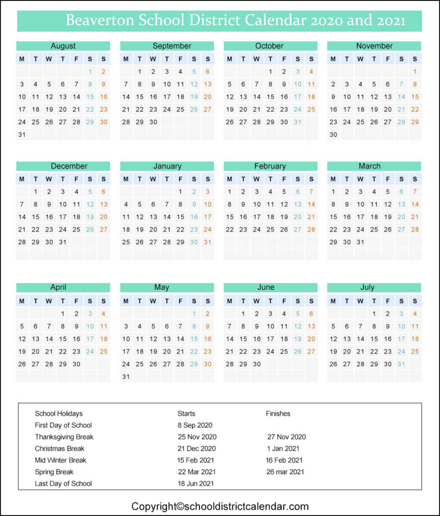 Beaverton School District Calendar Holidays 2020 2021