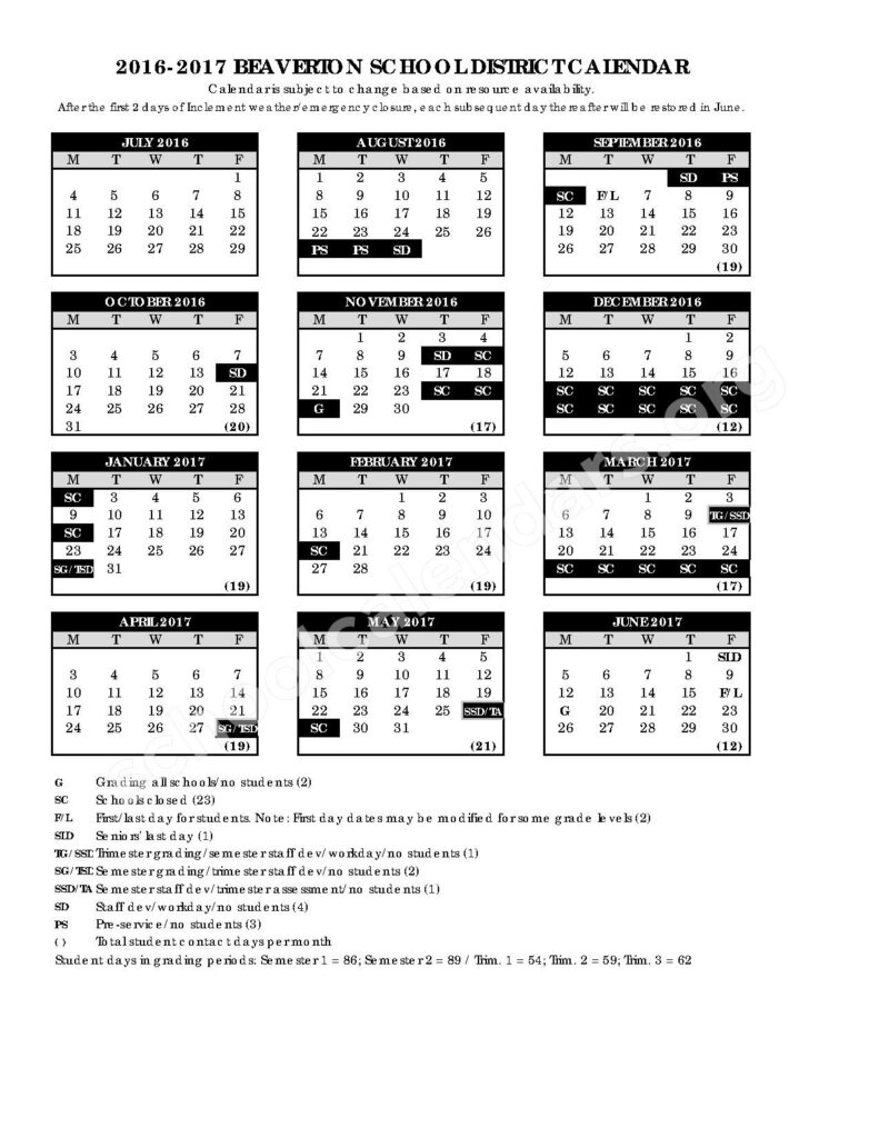 Beaverton School District Calendars Beaverton OR