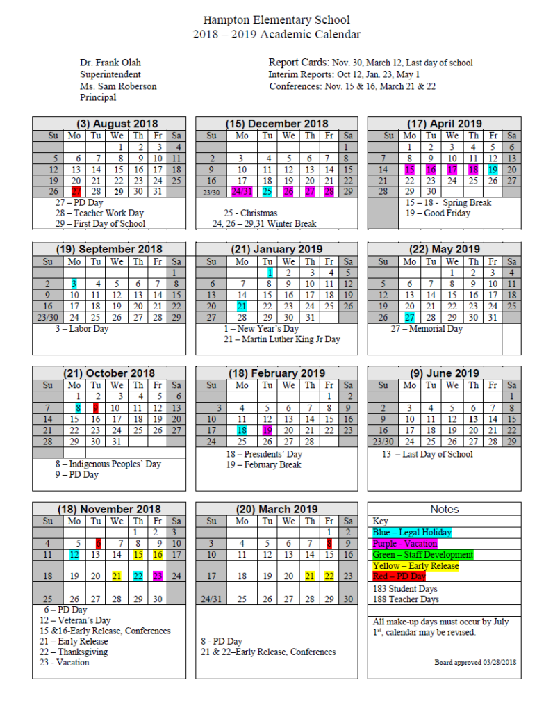 Calendar Hampton Elementary School