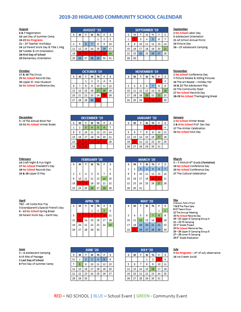 Calendar Highland Community School