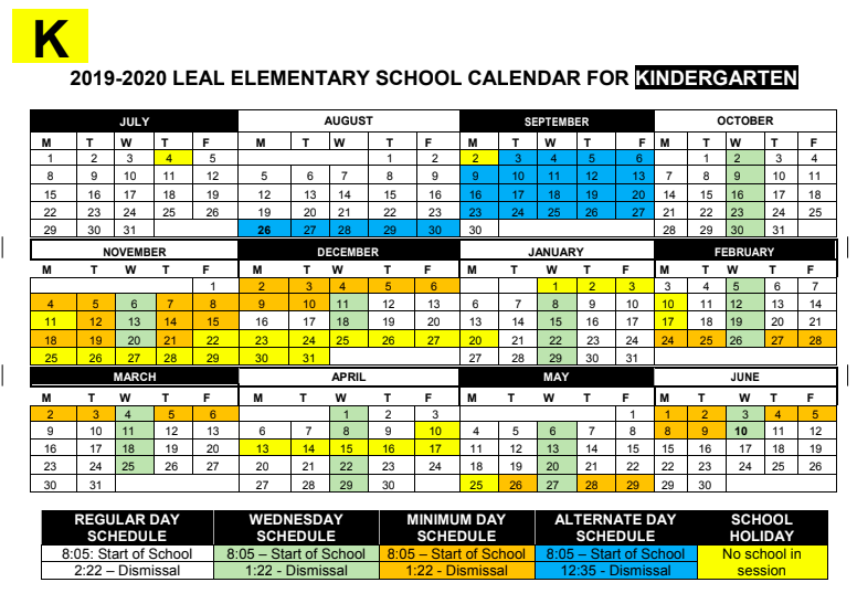 CALENDAR LEAL ELEMENTARY SCHOOL KINDERGARTEN