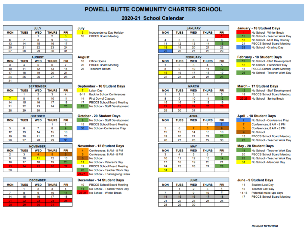 Calendar Powell Butte Community Charter School