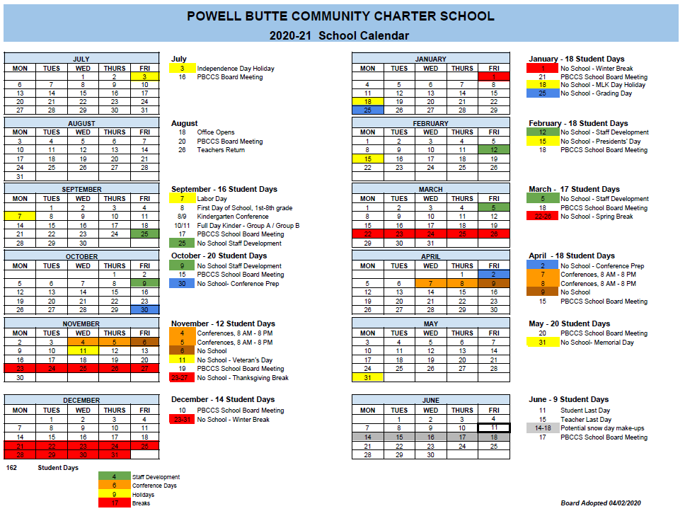 Calendar Powell Butte Community Charter School