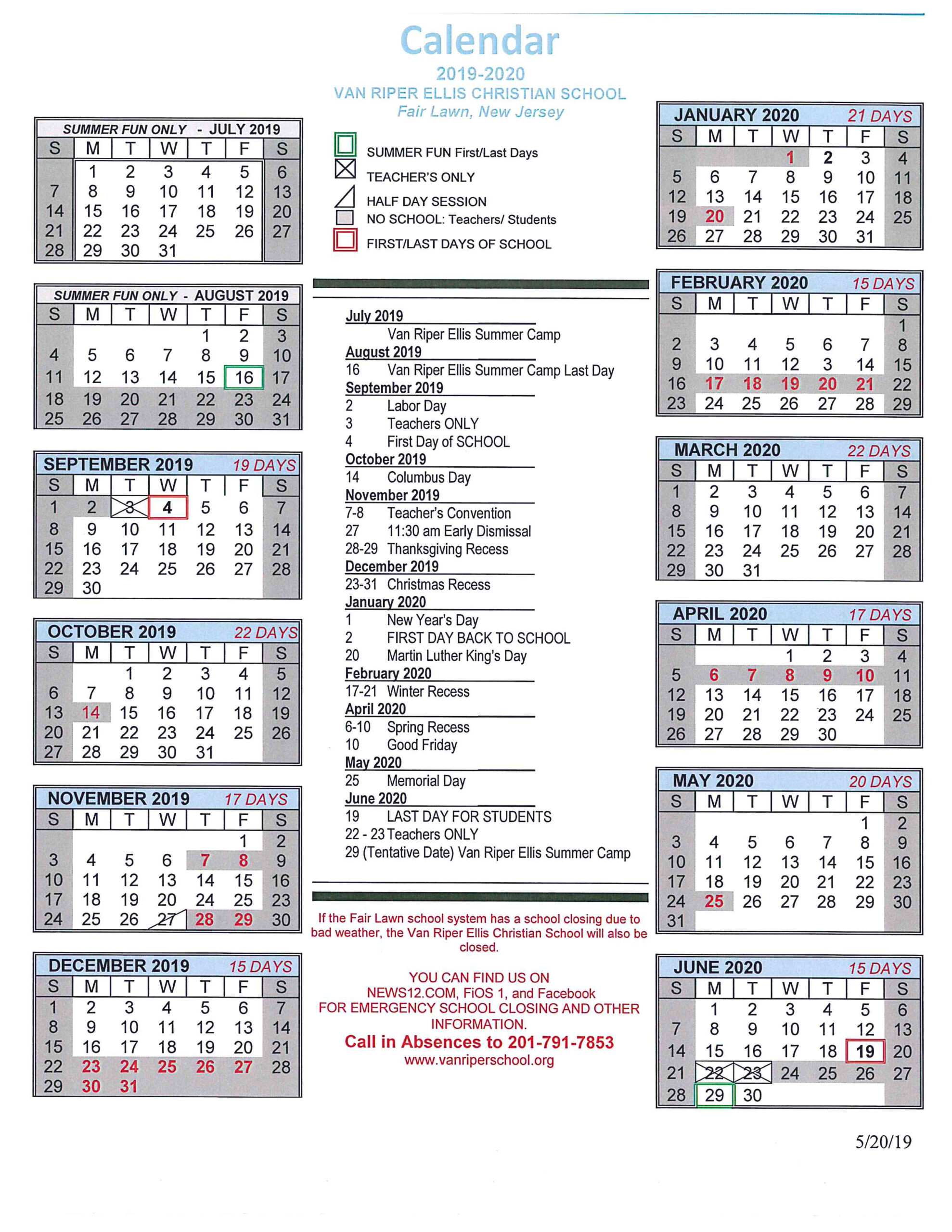 Calendar Van Riper Ellis Christian School