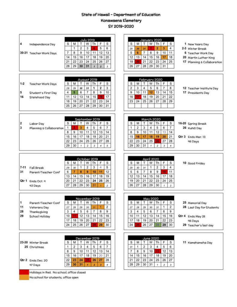Calendars Parents Konawaena Elementary School