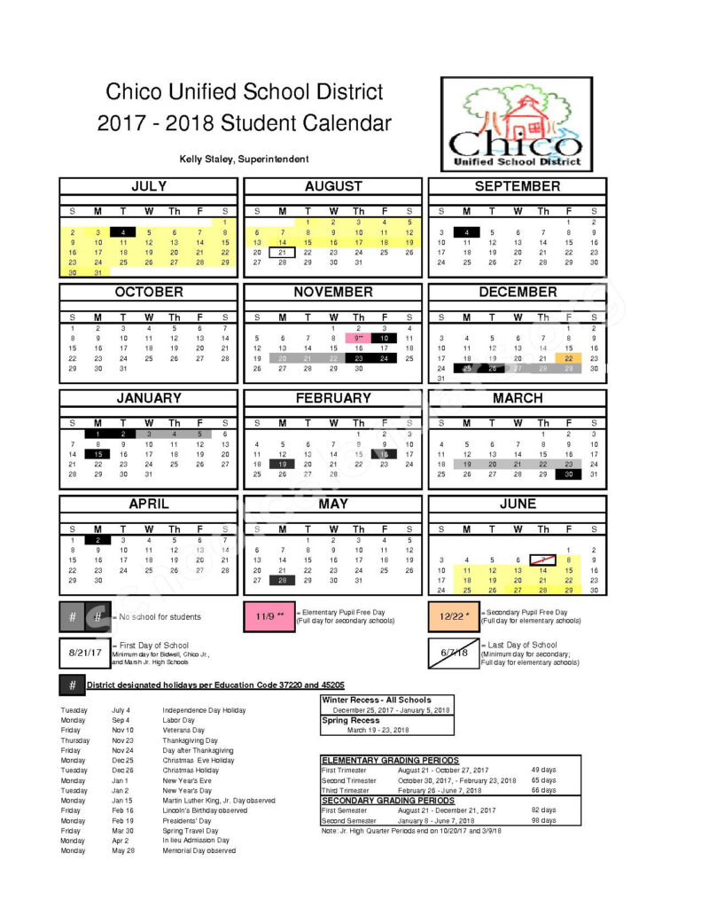 Chico Unified School District Calendars Chico CA