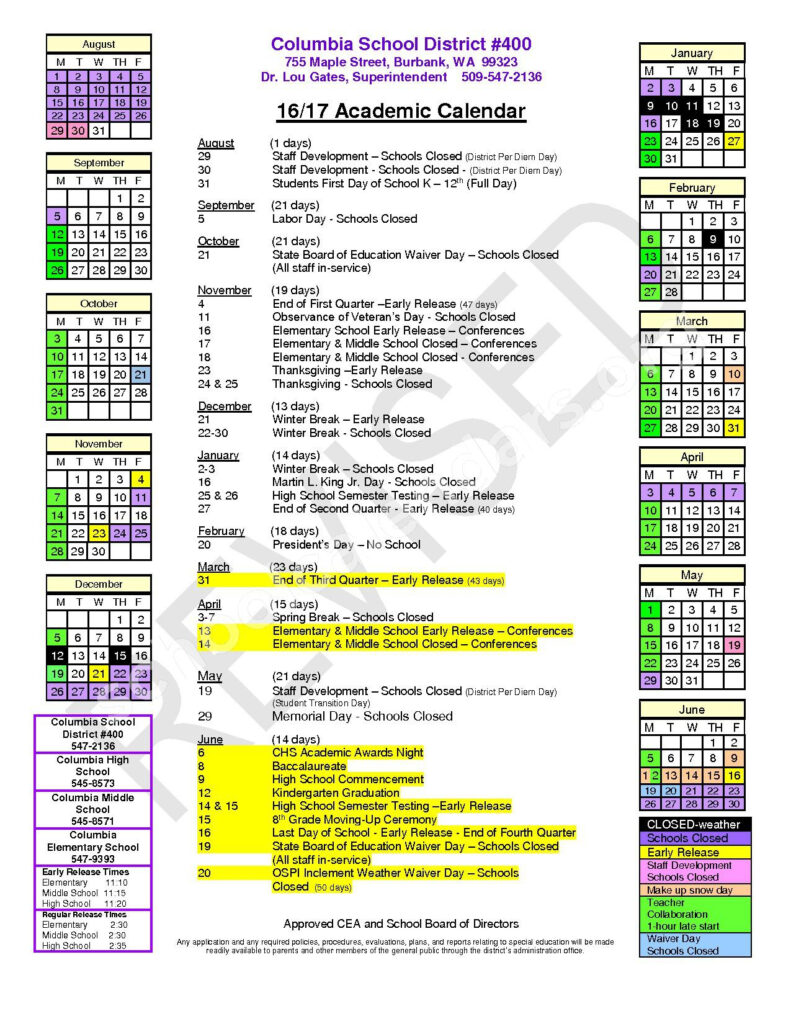 Columbia Walla Walla School District Calendars Burbank WA