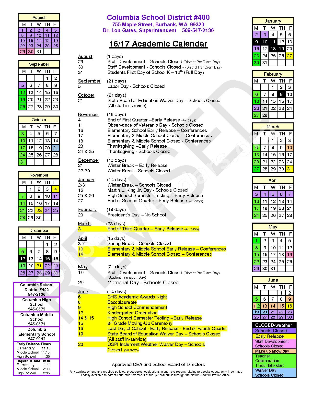 Columbia Walla Walla School District Calendars Burbank WA