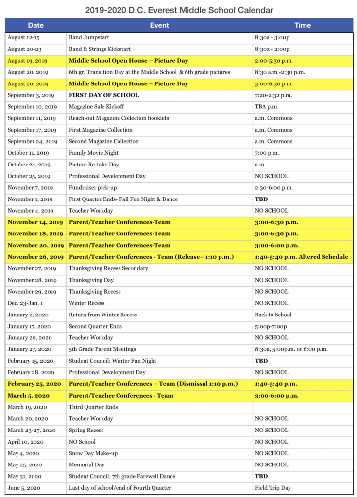 D C Everest Middle School Calendars