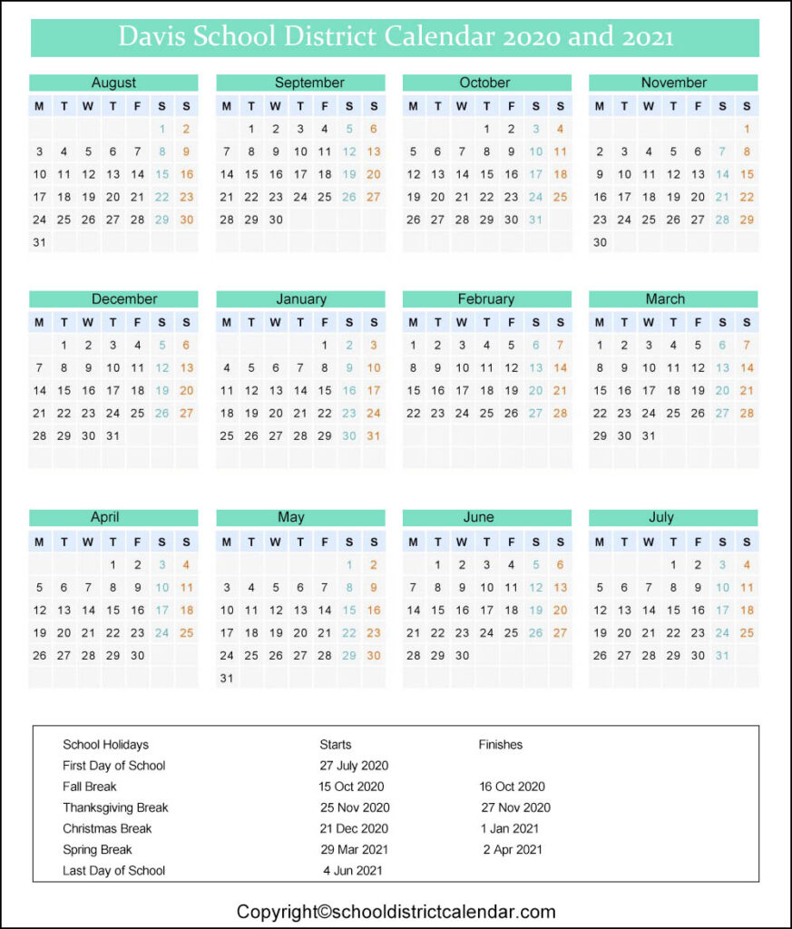 Davis School District Calendar Holidays 2020 2021