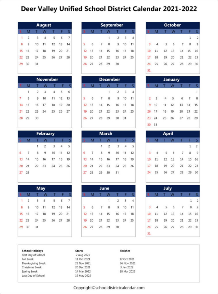 Deer Valley Unified School District Calendar Holidays 2021 2022