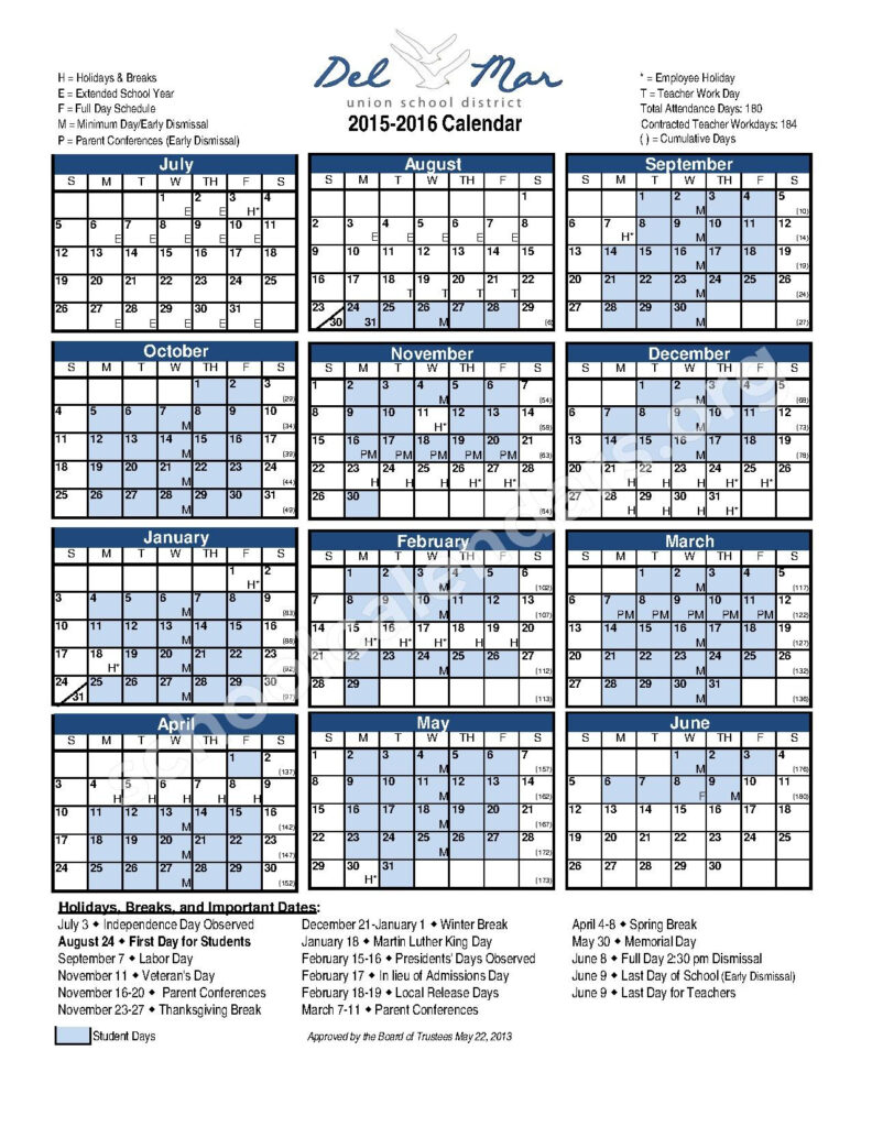 Del Mar Union School District Calendars Del Mar CA