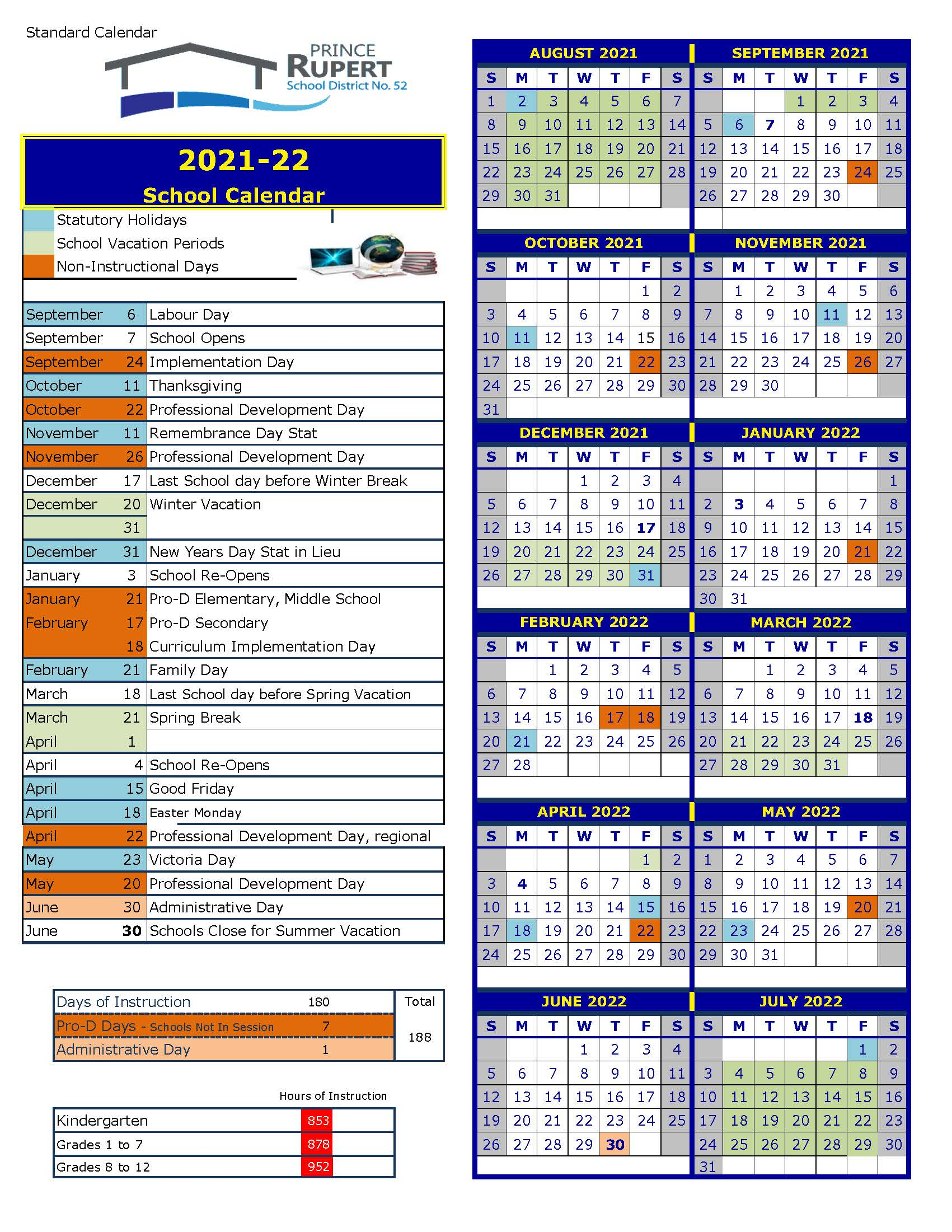 District School Calendar School District 52