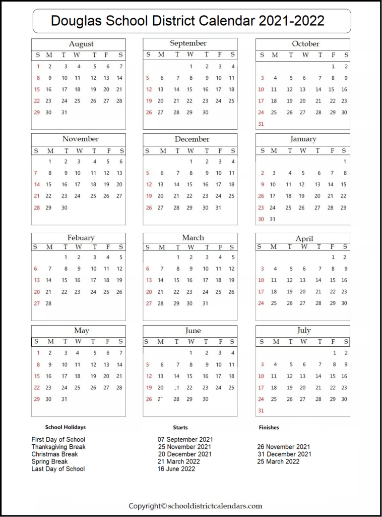 Douglas School County District 2021 2022 Calendar With Holidays 