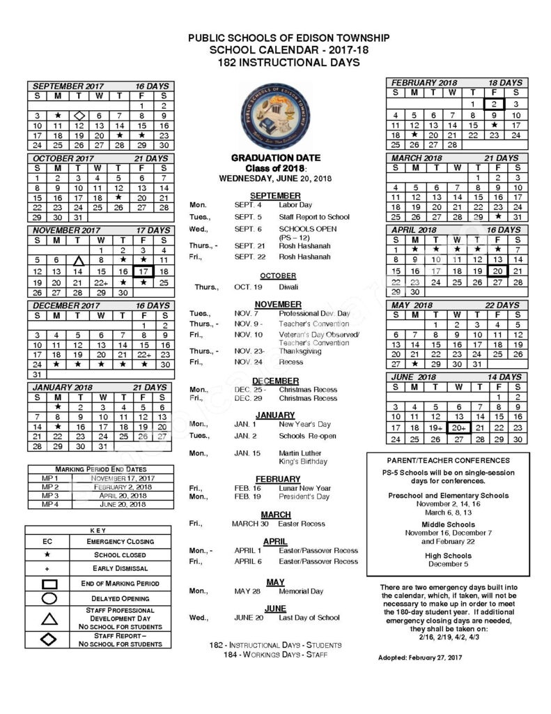 Edison Township Public Schools Calendars Edison NJ