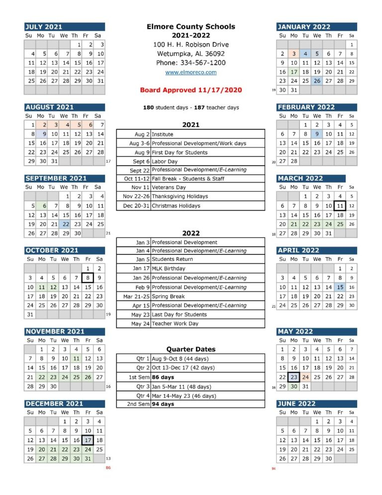  Elmore County School Calendar 2021 2022 