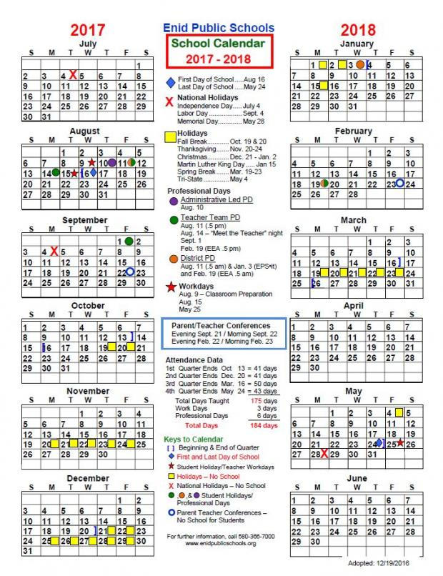 Enid Public School 2017 18 District Calendar