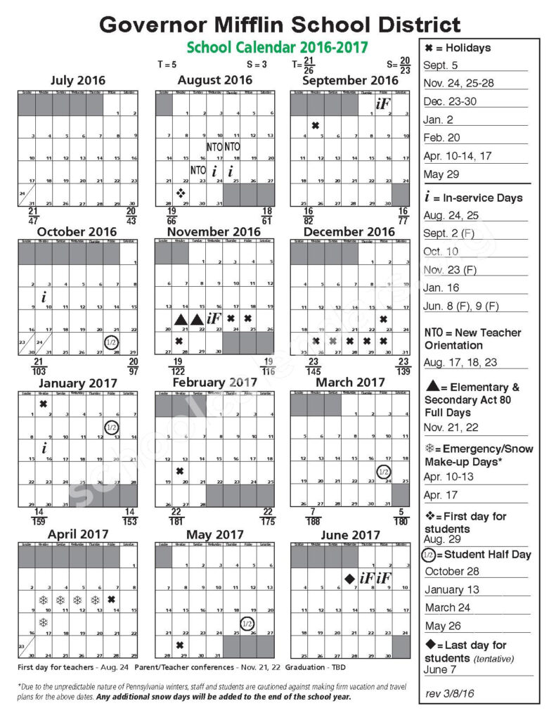 Governor Mifflin School District Calendars Shillington PA