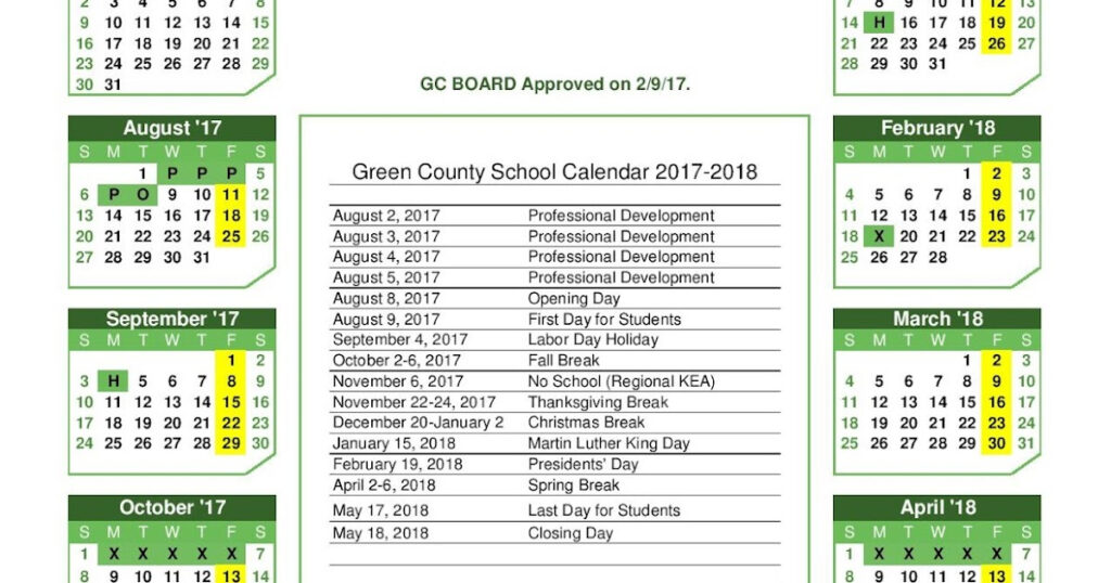 Green County School District 2017 2018 Calendar