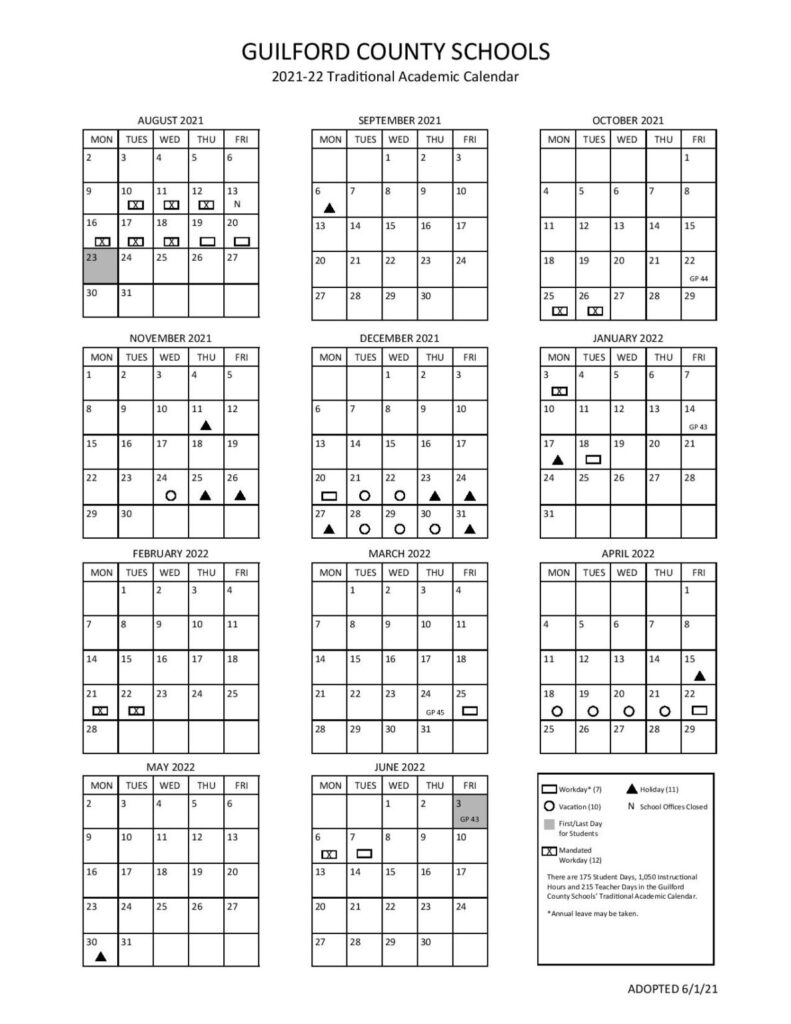 Guilford County School Calendar 2021 2022 In PDF