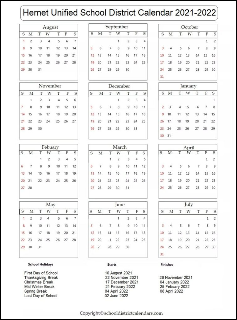 Hemet Unified School District 2021 2022 Calendar With Holidays School 