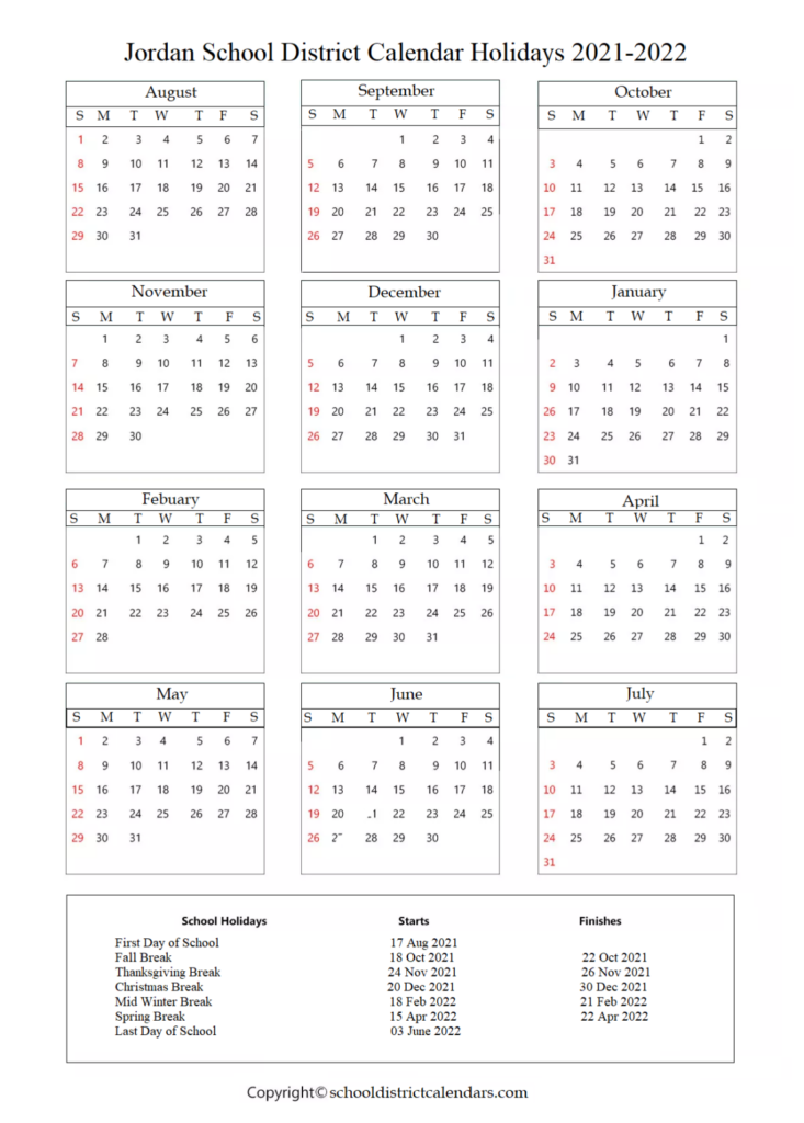 Jordan School District Calendar 2021 2022 School District Calendars