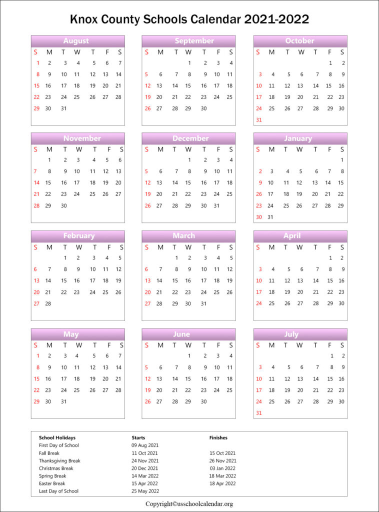 Knox County Schools Calendar With Holidays 2021 2022