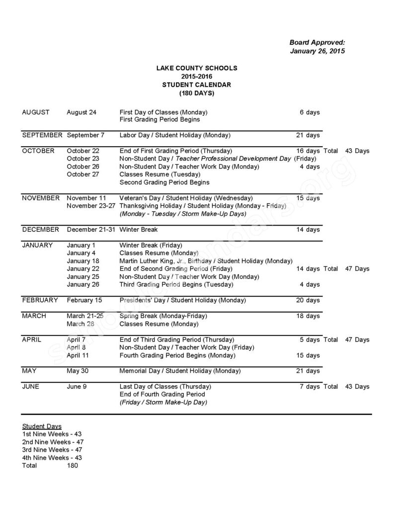 Lake County School District Calendars Tavares FL