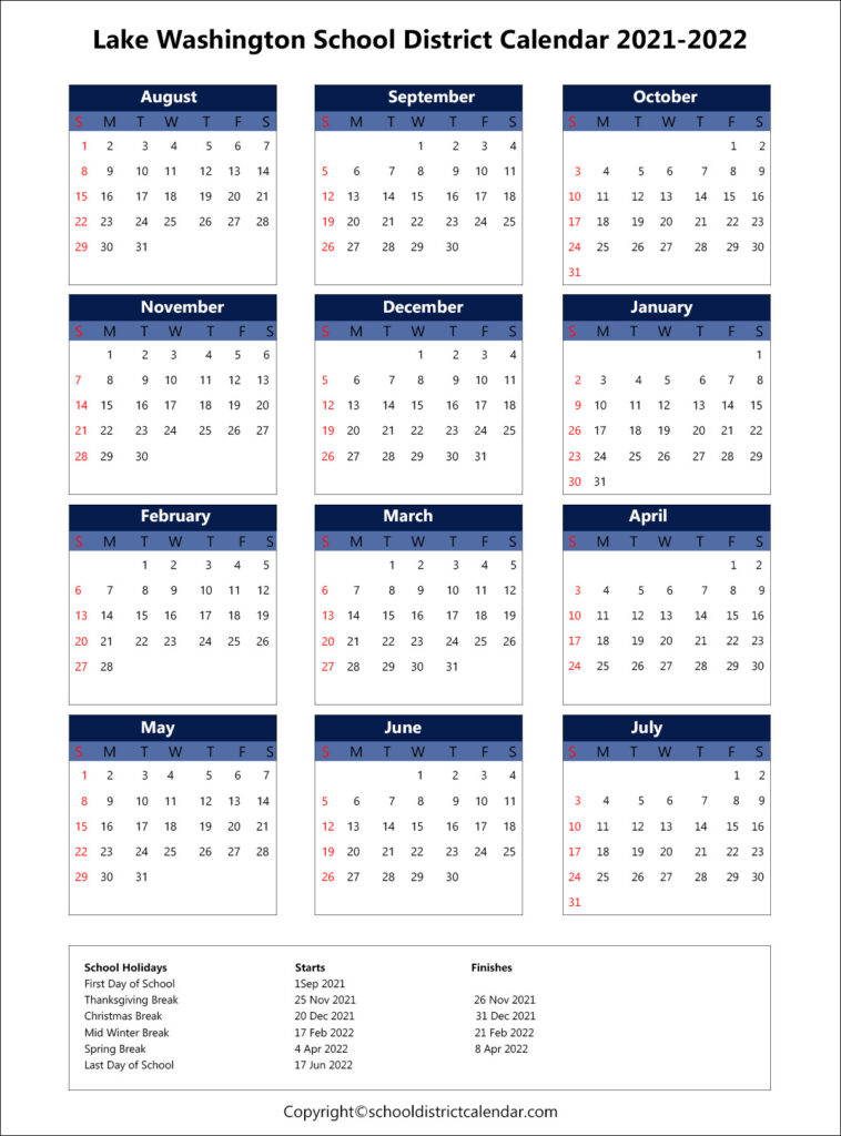 Lake Washington School District Calendar Holidays 2021 2022