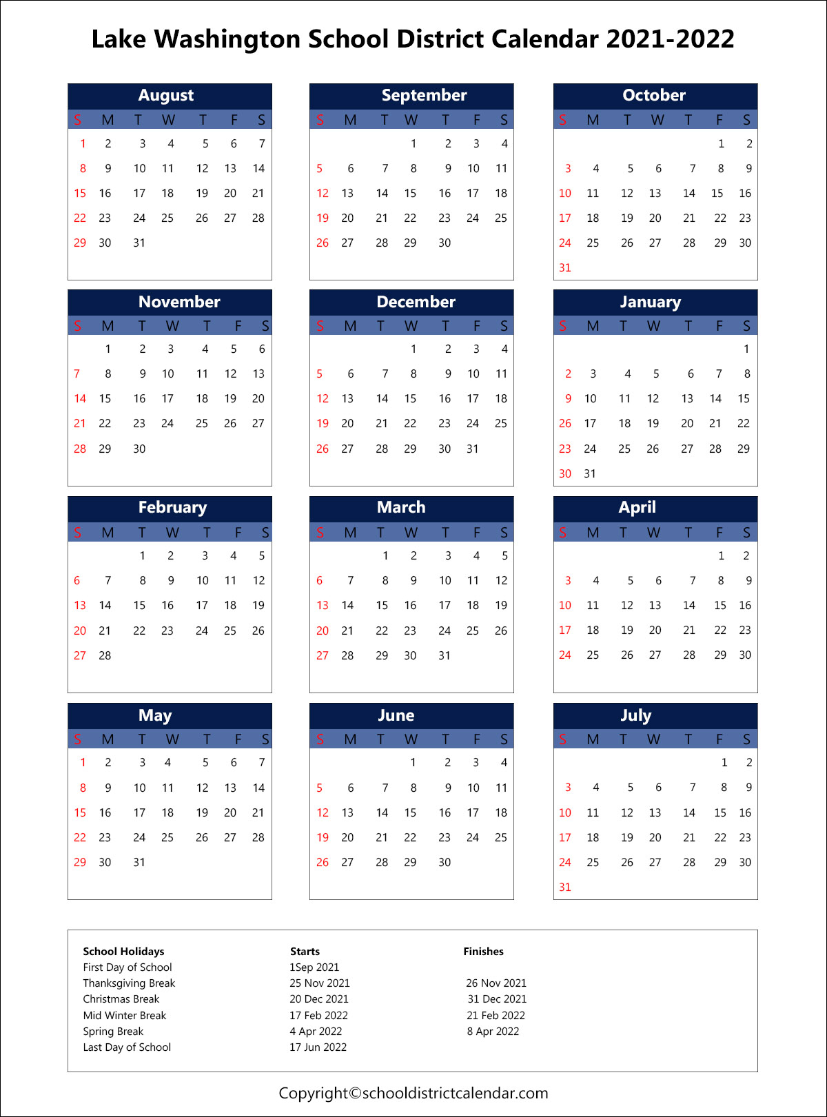 Lake Washington School District Calendar Holidays 2021 2022