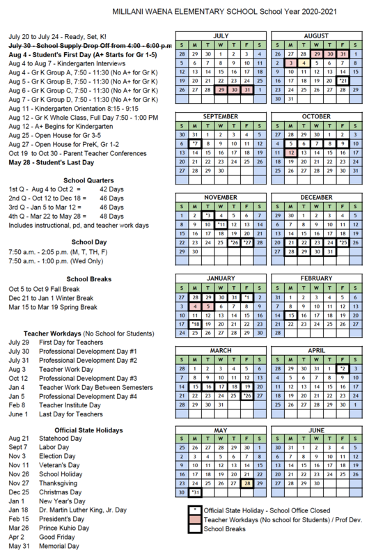 Mililani Uka Elementary School Calendar 2024