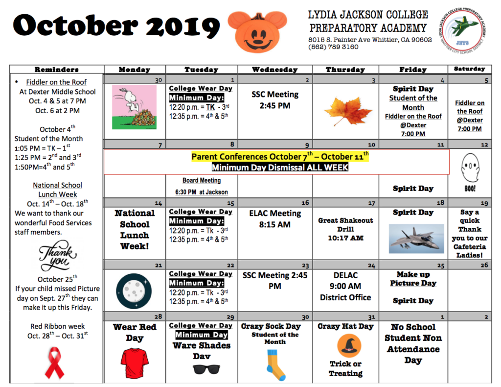 Monthly Calendar Students Lydia Jackson Elementary School