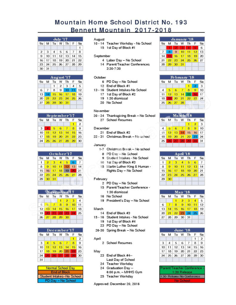 Mountain Home School District 193 Calendars Mountain Home ID