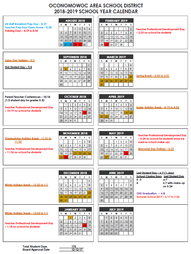 Oconomowoc Area School District School Year Calendar