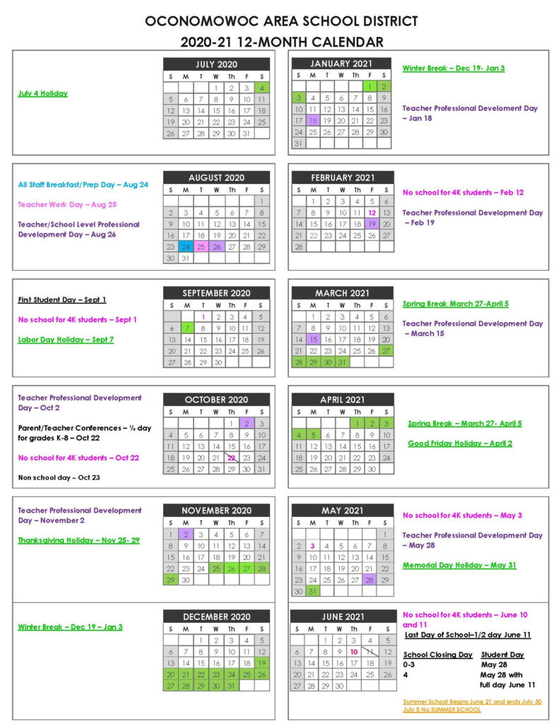 Oconomowoc Area School District School Year Calendar