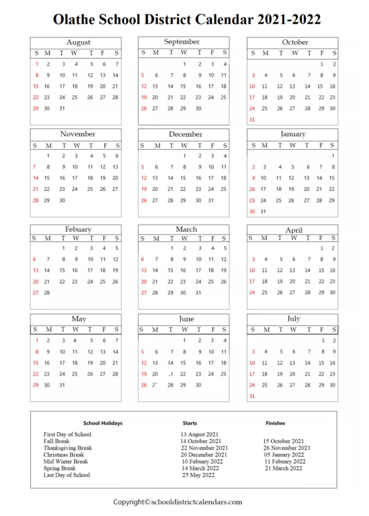 Olathe District School Calendar 2021 2022 With Holidays School 