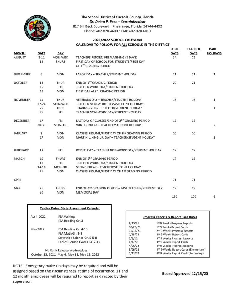 Osceola County School District Calendar 2021 2022