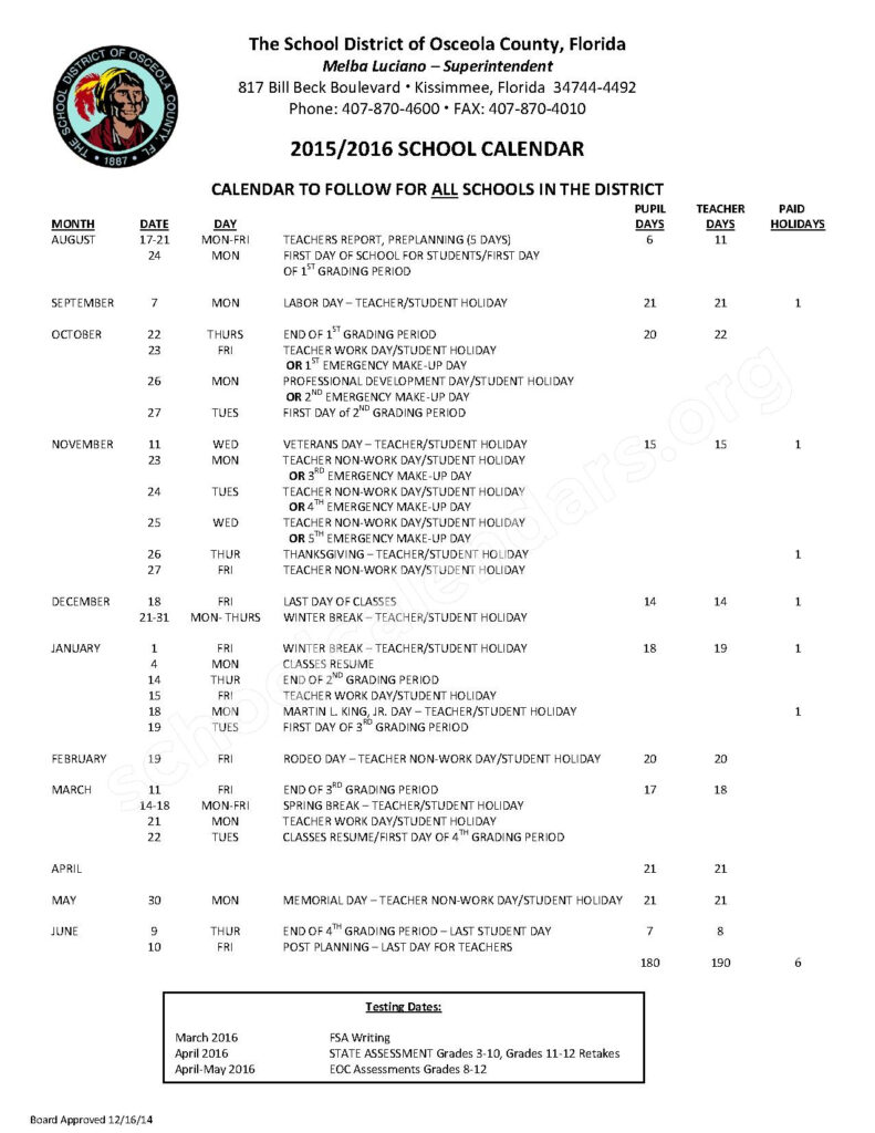 Osceola County School District Calendars Kissimmee FL