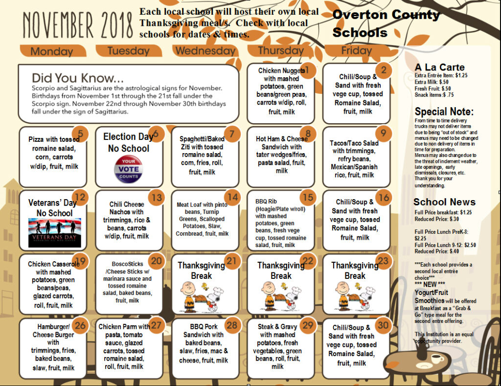 Overton County Schools November Breakfast And Lunch Menus Livingston 