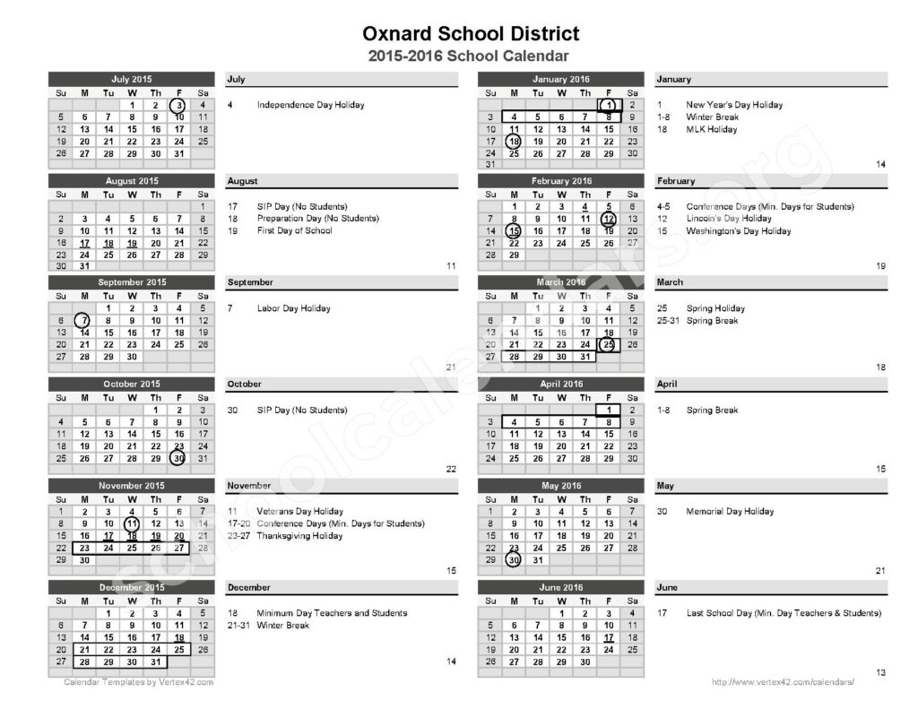 Oxnard School District Calendars Oxnard CA