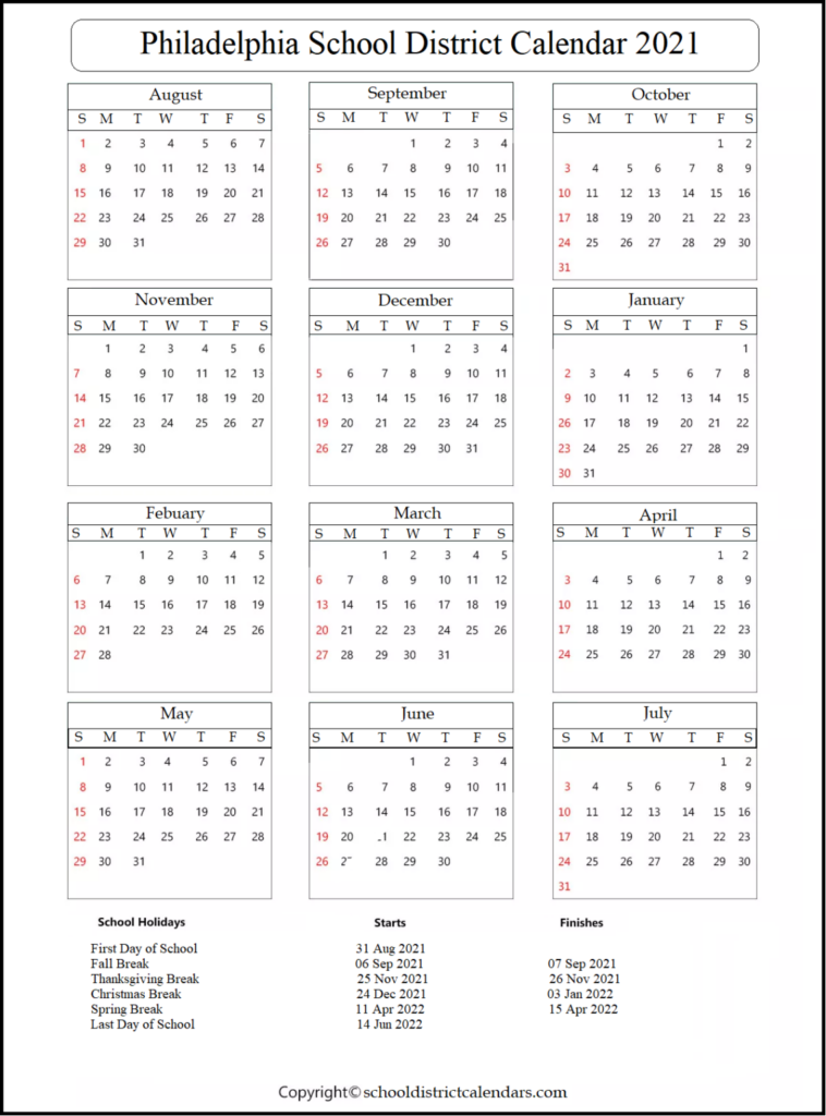 Philadelphia School District Calendar 2021 2022 With Holidays In PDF 