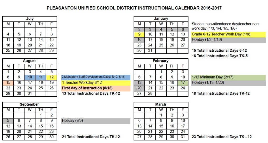 Pleasanton California School District Instructional Calendar