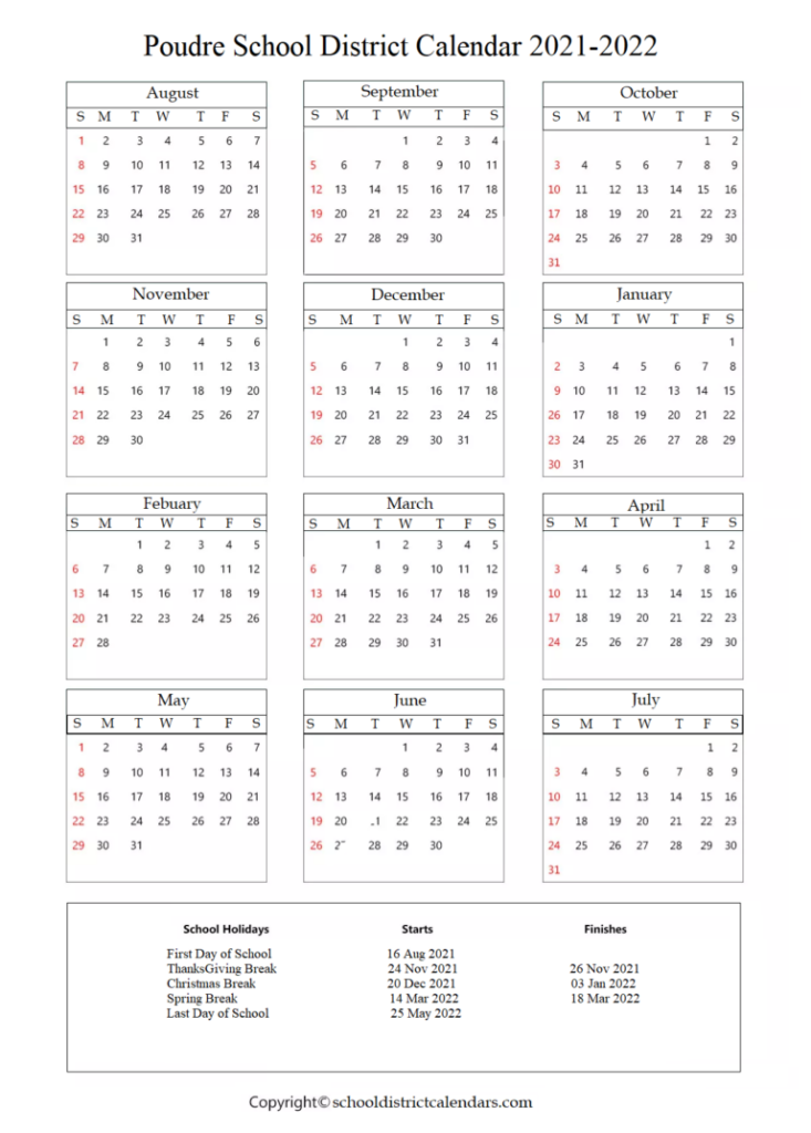 Poudre School District Calendar 2021 2022 With Holidays In PDF School 