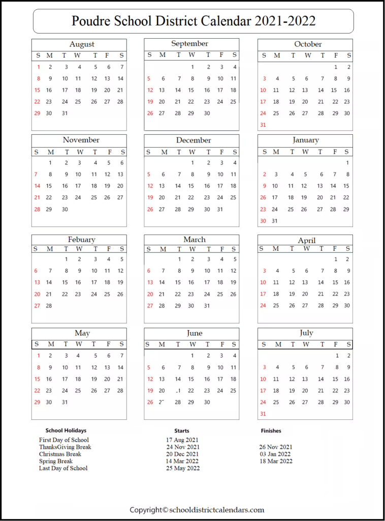 Poudre School District Calendar 2021 2022 With Holidays In PDF School 